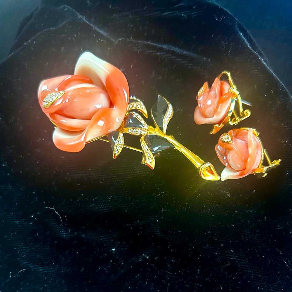 Ladies acrylic and gold tone, flower brooch and matching pierced earrings